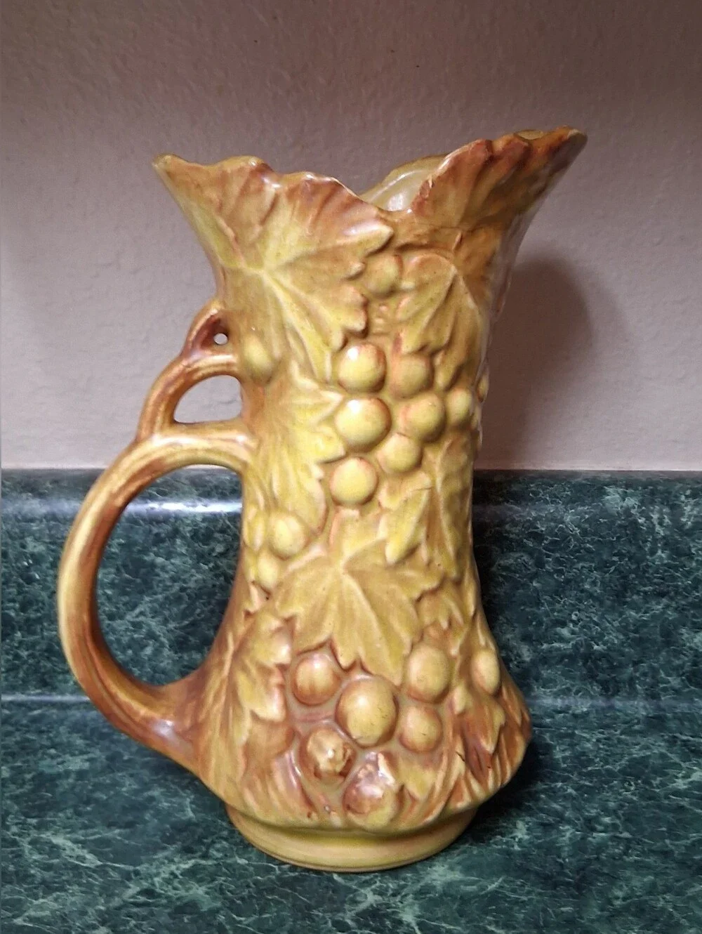 Vintage 1940's McCoy Pottery with Grapes and Leaves Pitcher Yellow,  Brown